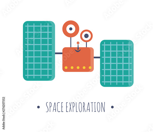 Vector satellite illustration for children. Bright and cute flat picture of smiling technics isolated on white background. Space exploration concept.  .