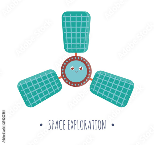 Vector satellite illustration for children. Bright and cute flat picture of smiling technics isolated on white background. Space exploration concept.  .
