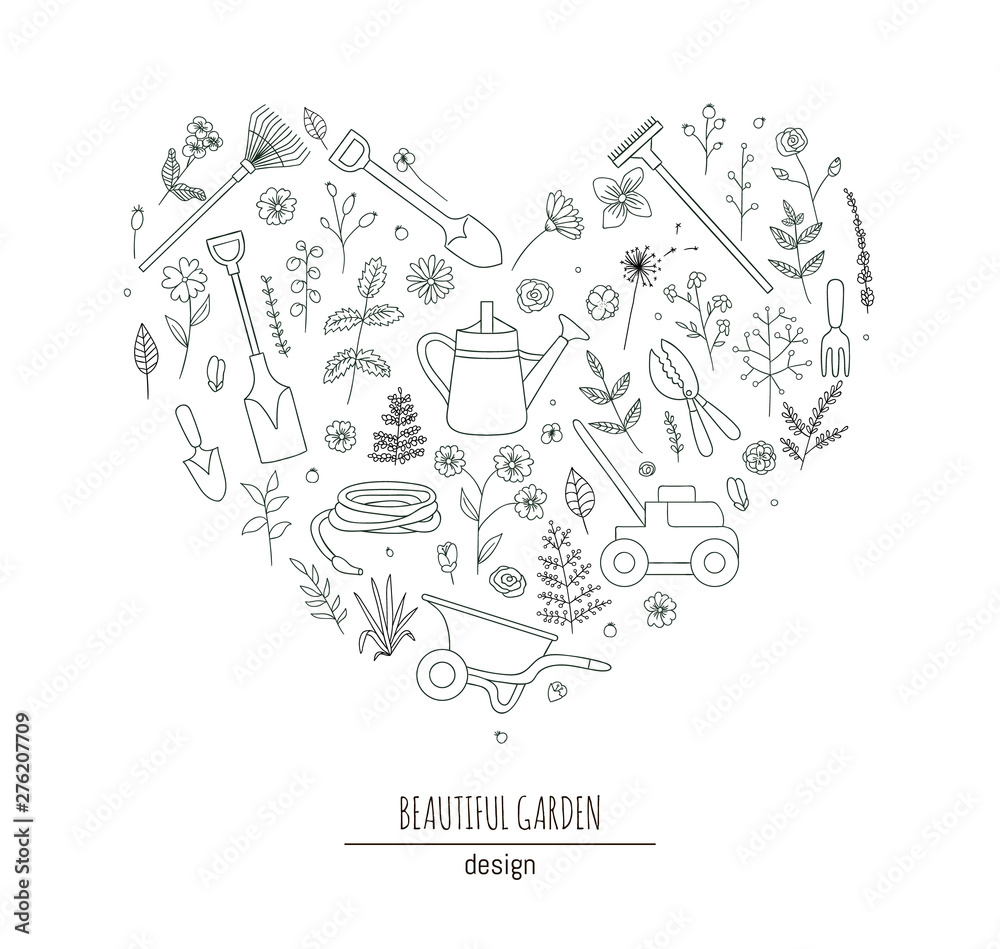Vector set of black and white garden tools, flowers, herbs, plants. Collection of spade, shovel, rakes, wheel barrow, watering can, shears, lawn mower, hose, trowel, hand fork, framed in heart shape.