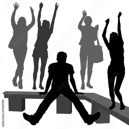 Silhouettes of young people, 4 girls and a guy, a boy in thought, makes a choice, girls are different, slim and young. Girls waving their hand saying goodbye.