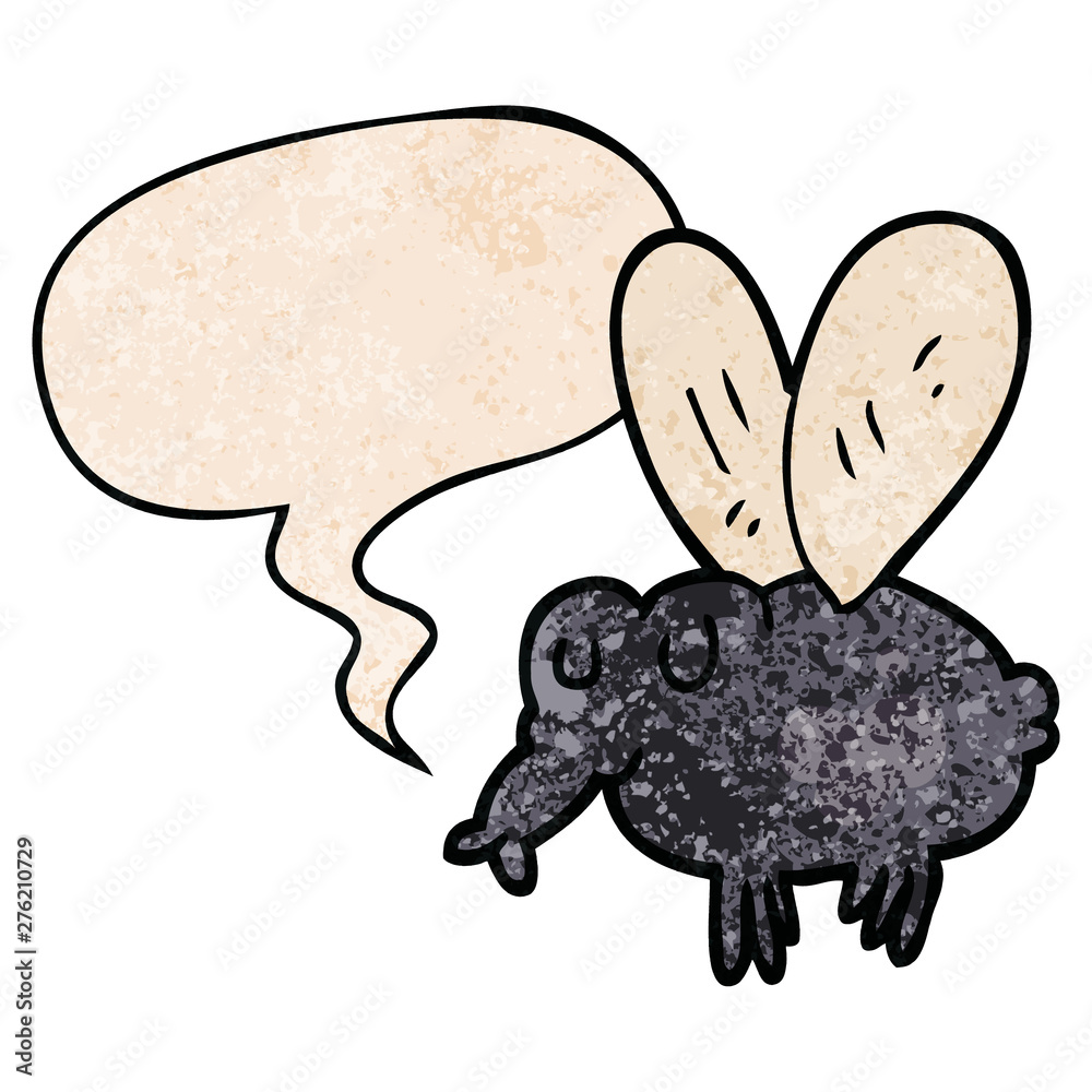 cartoon fly and speech bubble in retro texture style