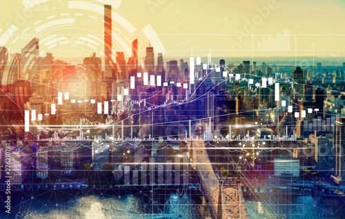 Candlestick chart with the New York City skyline near midtown