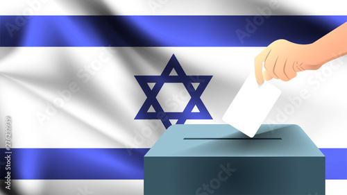 Male hand puts down a white sheet of paper with a mark as a symbol of a ballot paper against the background of the Israel flag, israel the symbol of elections