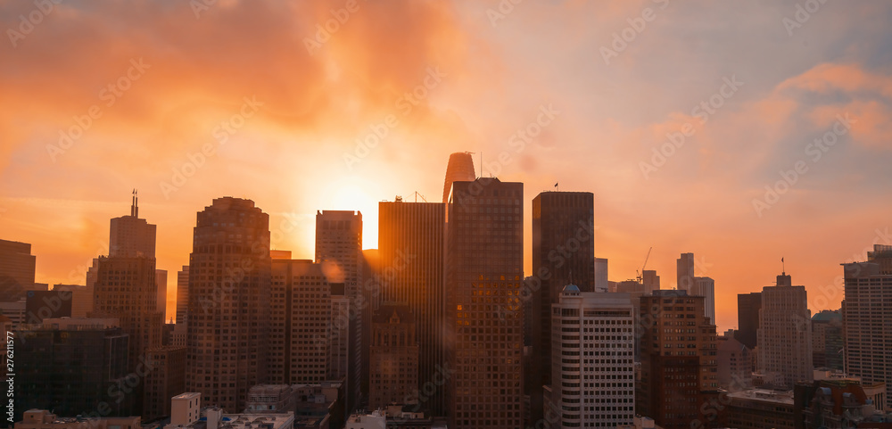 Downtown San Francisco skyline skyscrapers at sunset