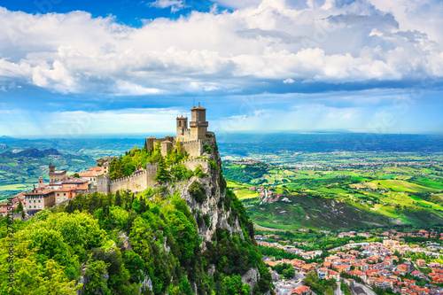 Fotomurale San Marino, medieval tower on a rocky cliff and panoramic view of Romagna