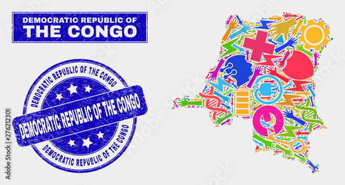 Mosaic tools Democratic Republic of the Congo map and Democratic Republic of the Congo seal stamp. Democratic Republic of the Congo map collage designed with scattered bright tools  palms 