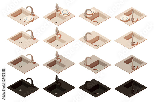 Vector isometric kitchen sink. Set of items to create a scene