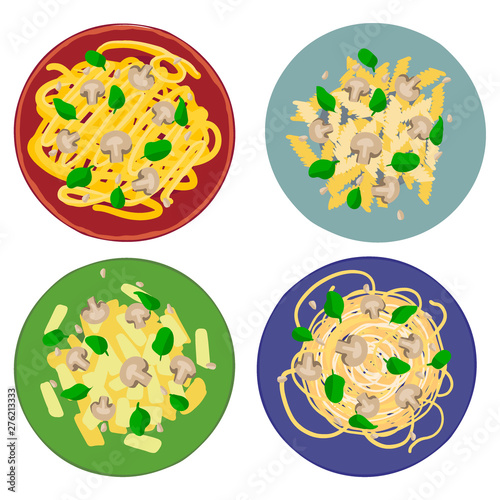 Pasta mushroom with Spaghetti, penne, tagliatelle and fisilli on colored plates.