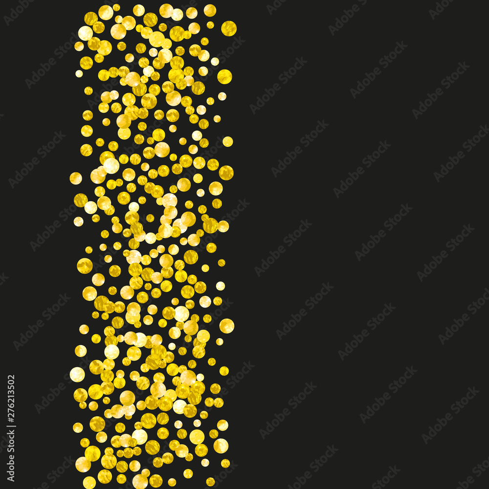 Gold glitter dots confetti on isolated backdrop. Sequins with metallic shimmer and sparkles. Template with gold glitter dots for party invitation, event banner, flyer, birthday card.