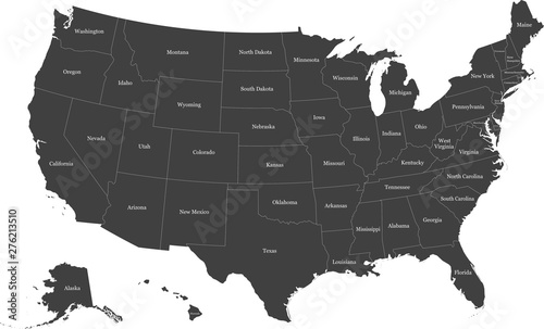 Map of the United States of America split into individual states. Displaying full name of each state.