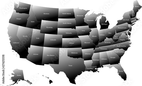 Map of the United States of America split into individual states. Displaying full name of each state. Gradual coloring from white to black creating a 3D effect.