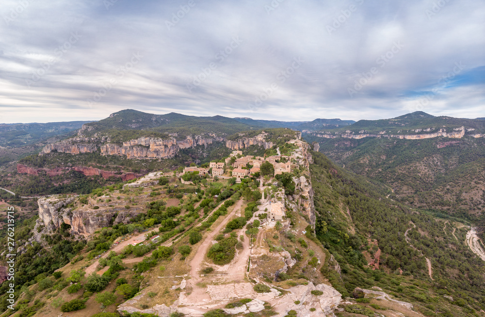 View of Siurana - old village at the rock, Catalonia, Spain. Drone aerial panorama