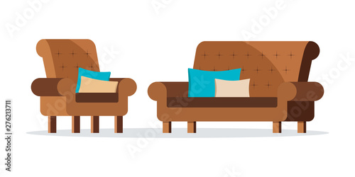 Isolated icons of brown color leather soft sofa and armchair set isolated on white background with decorative cushions. Collection home cabinet furniture. Vector illustration. Flat cartoon design.
