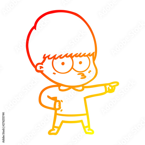 warm gradient line drawing nervous cartoon boy pointing