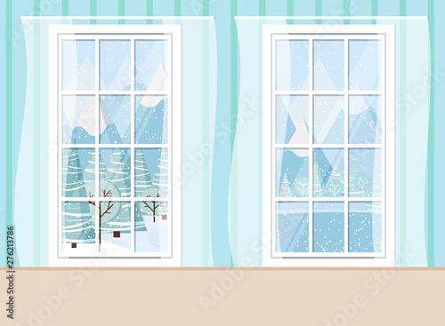 Cozy living room home interior scene with two whiye plastic pvc panoramic windows with winter mountain and lake landscape in cartoon flat style. Vector backdrop illustration.