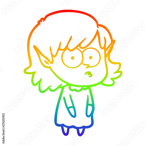 rainbow gradient line drawing cartoon elf girl staring