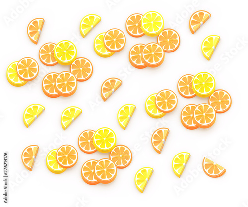 Summer fruits 3D isometric illustration, orange, lemon, grapefruit, lime. Background composition.