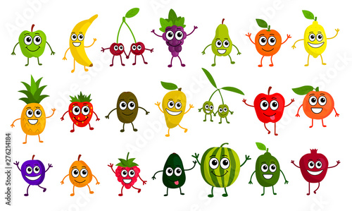 Cute cartoon fruits set in flat style isolated on white background. Kawaii emoji fruit icons. Vector illustration.   