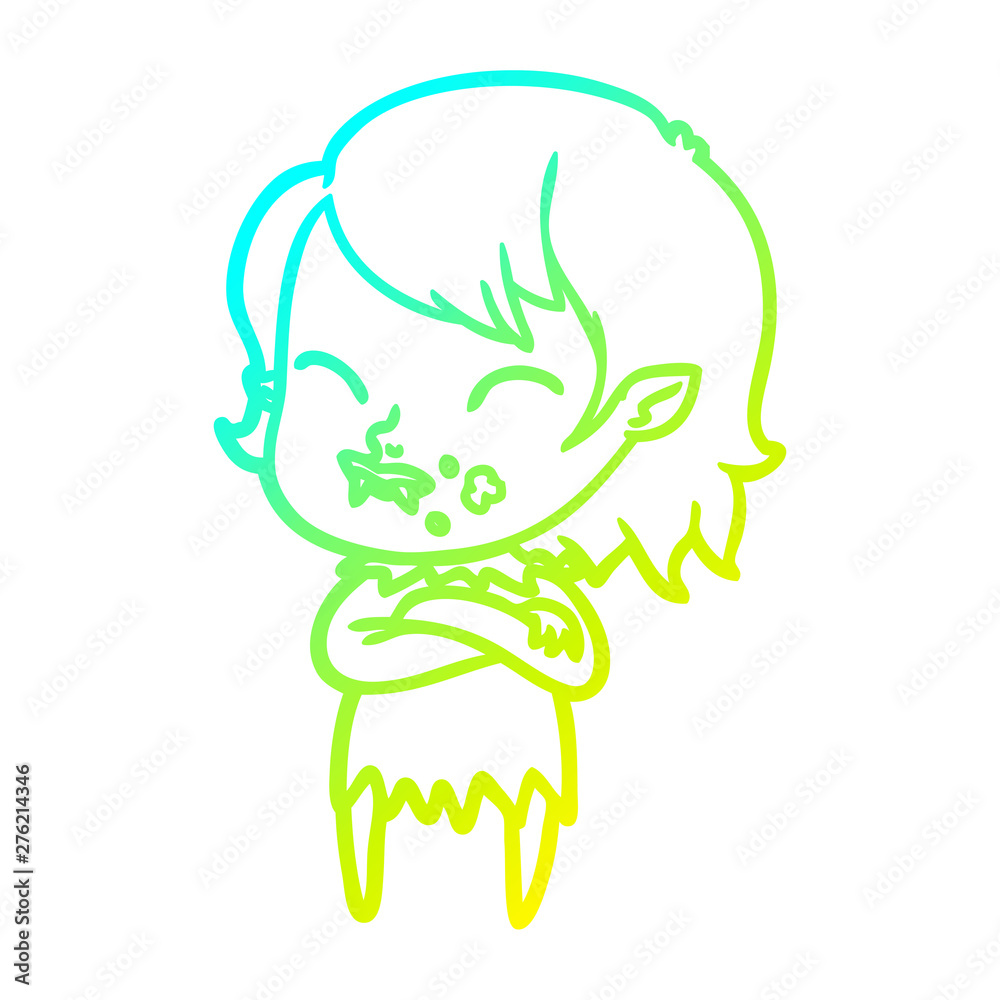 Fototapeta premium cold gradient line drawing cartoon vampire girl with blood on cheek