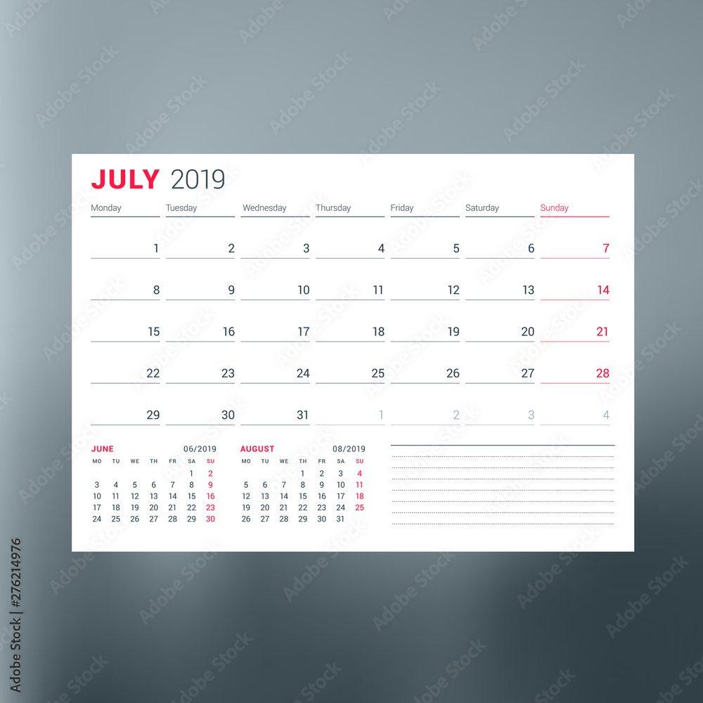 Calendar planner template for July 2019. Design print vector template Calendar planner template for July 2019. Design print vector template