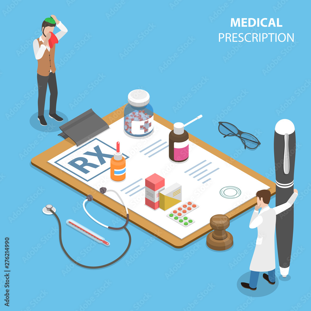Isometric flat vector concept of prescription form, medical service, doctor signs a RX for a patient.