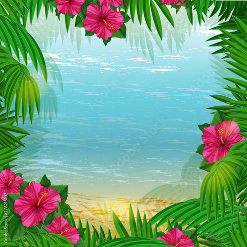 A square frame for text or a photo of palm leaves with pink hibiscuses and marine scenery . Postcard with tropical plants. Vector illustration.