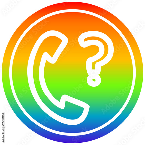 telephone handset with question mark circular in rainbow spectrum