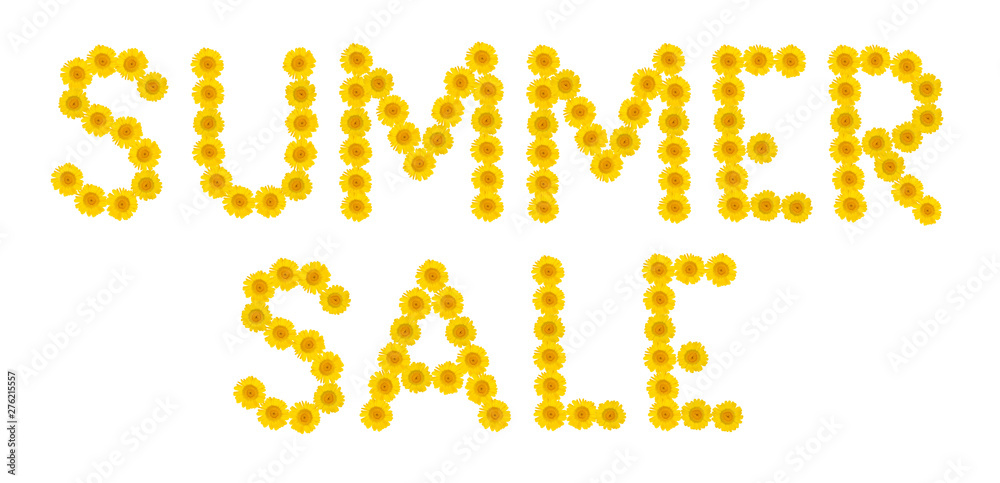 Phrase SUMMER SALE. The letters are made of bright, yellow flowers of chrysanthemum. Macro, close-up. Concept: ecology, summer sales
