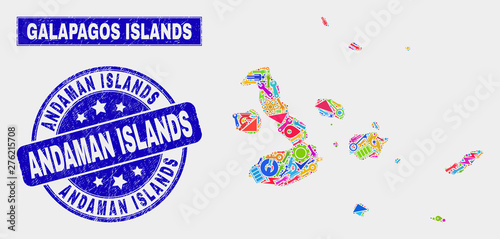 Mosaic industrial Galapagos Islands map and Andaman Islands seal stamp. Galapagos Islands map collage designed with scattered bright tools, hands, service icons.