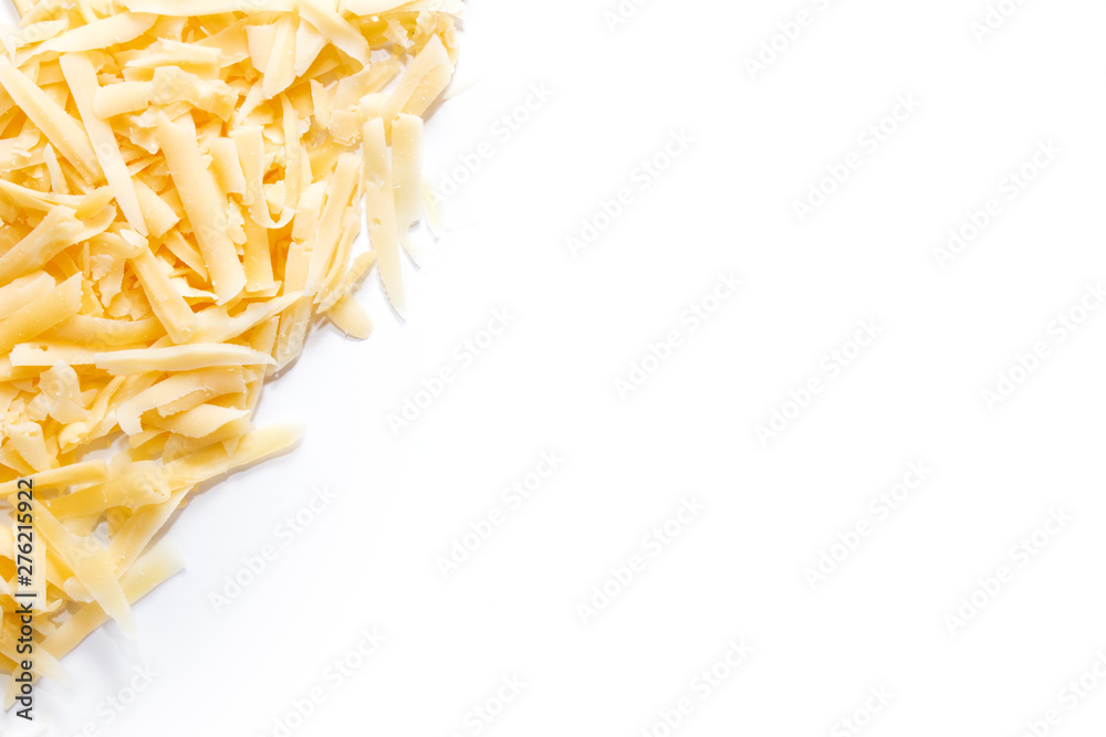 Obraz premium Delicious grated cheese on white background