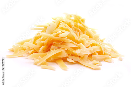Delicious grated cheese on white background photo