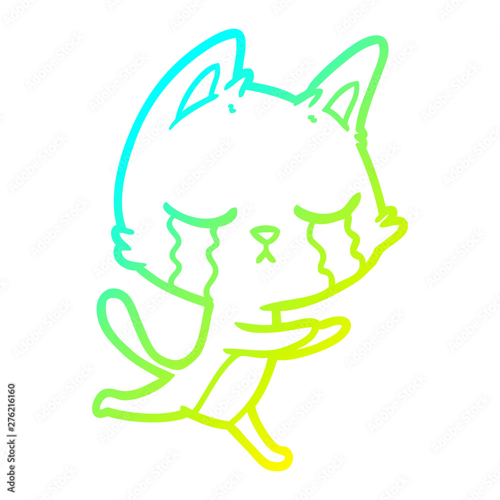 cold gradient line drawing crying cartoon cat running