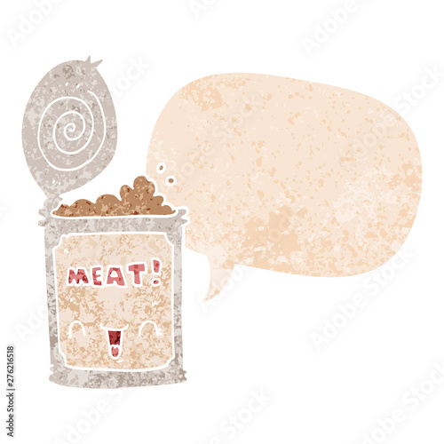 cartoon canned meat and speech bubble in retro textured style