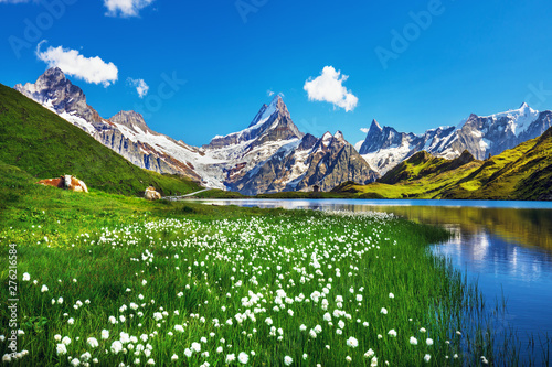 Scenic view on Bernese range above Bachalpsee lake. Popular tourist attraction. Location place Swiss alps, Grindelwald valley, Europe.  photo