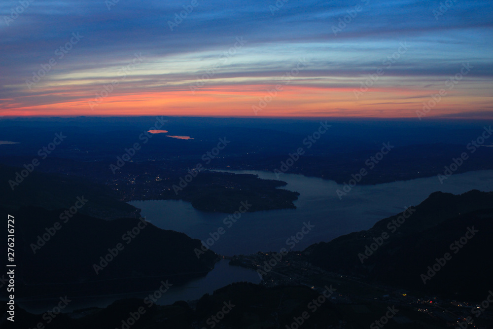 Colorful sky over Lake Lucerne, Switzerland.