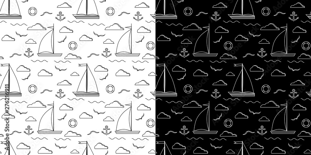 Set of black and white line art vector seamless pattern with one two sails sailboat, clouds, anchor, lifebuoy, gull on the background. Endless texture for web, covers, decoration, children's design.