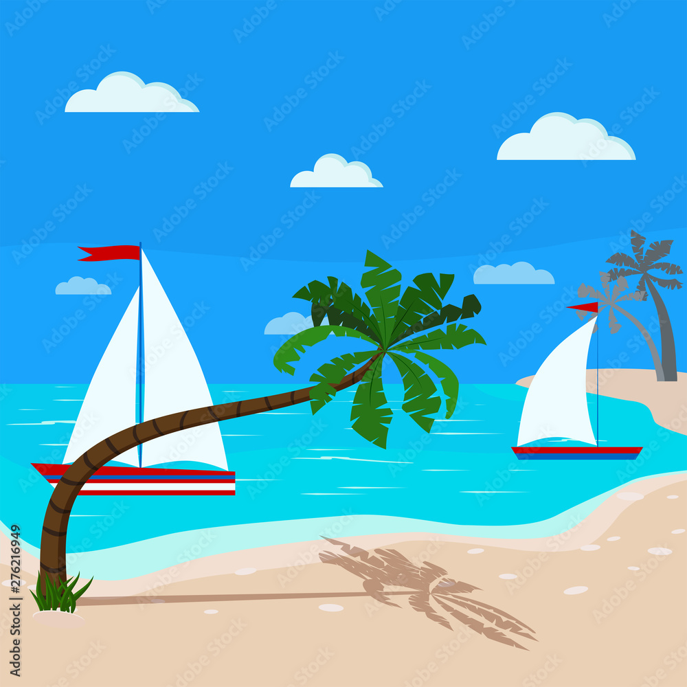 Flat cartoon style seascape with two sailboats, clouds, blue sky, sand coastline and coco nut trees by the sea. Vector summer banner illustration with blue ocean for tourist and holiday background