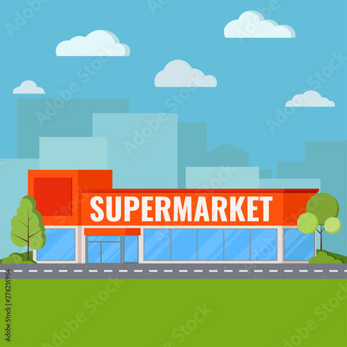 Fototapeta Naklejka Na Ścianę i Meble -  Modern supermarket building near highway road with with bushes and trees, clouds on blue sky, green grass on cityscape shadow background. Flat cartoon style vector illustration.