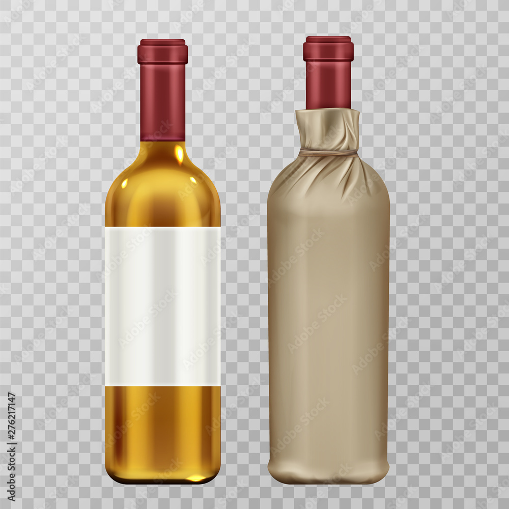 Wine bottles in craft paper package mock up set isolated on transparent background. Glass flask with blank label, white vine alcohol drink, design elements. Realistic 3d vector illustration, clip art Wine bottles in craft paper package mock up set isolated on transparent background. Glass flask with blank label, white vine alcohol drink, design elements. Realistic 3d vector illustration, clip art