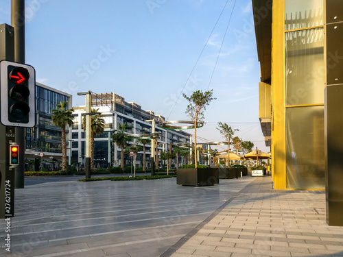 Dubai city walk streets, outdoor stores, cafes and residential buildings
