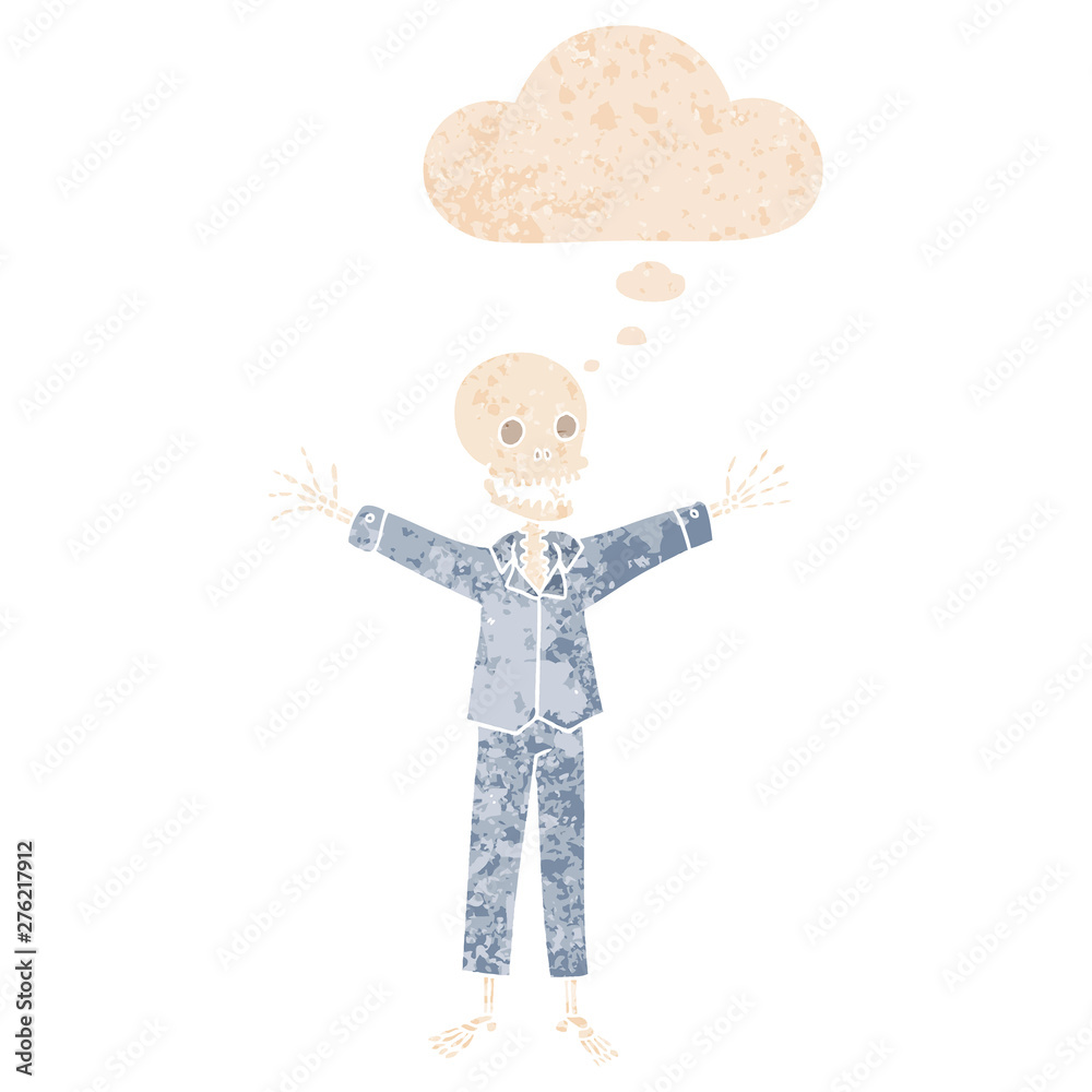 cartoon skeleton wearing pajamas and thought bubble in retro textured style cartoon skeleton wearing pajamas and thought bubble in retro textured style