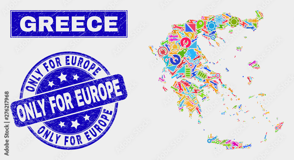 Mosaic service Greece map and Only for Europe watermark. Greece map collage constructed with scattered colored equipment, hands, service symbols.