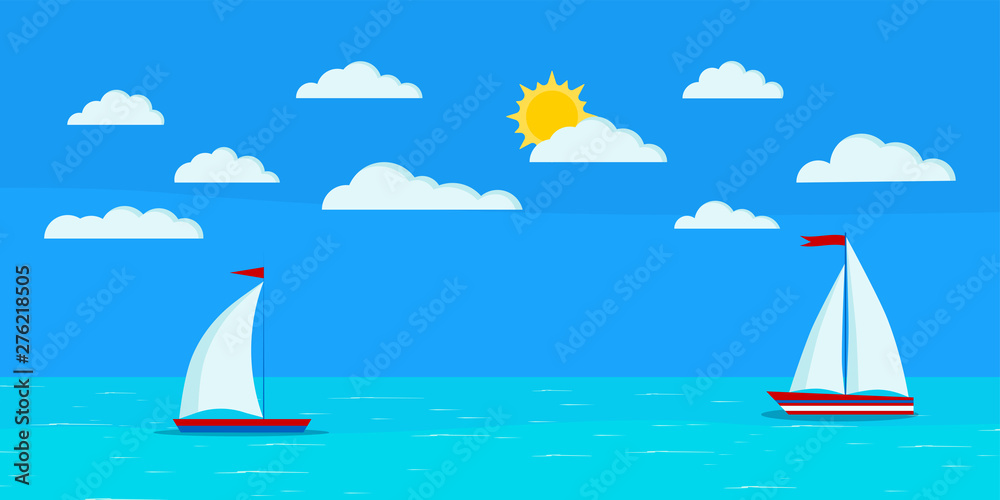 Cartoon flat design style sea landscape with two sailboats, clouds, blue sky, sun, calm ocean. Vector summer day banner illustration for tourist, traveling, yachting and holiday background.