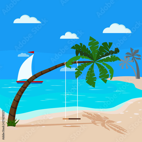 Panoramic tropical seascape with blue ocean and coconut palm, swing on palm tree, sailboat. Beautiful sea beach coastline, landscape sea shore in flat cartoon style. Vector background illustration.