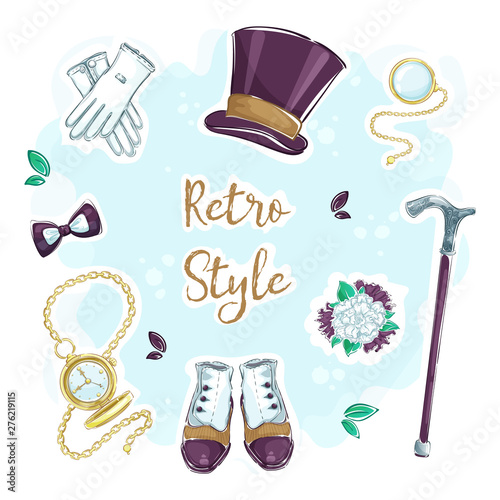 Set of funny hand drawing stickers for retro gentlemanly style. A hat-cylinder, a gold watch, an umbrella, a cane, gentlemen's shoes, white gloves, a boutonniere with a white rose, a monocle. 