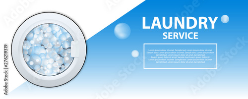 Laundry service banner or poster. Washing machine drum with soap bubbles. 3d realistic illustration. Front view, close-up, closed door.