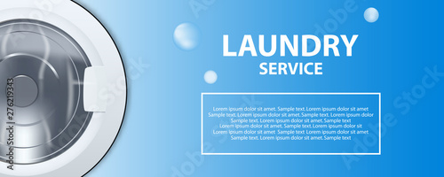 Laundry service banner or poster. Washing machine drum 3d realistic illustration. Front view, close-up, closed door