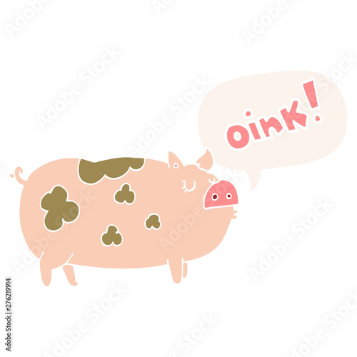 cartoon oinking pig and speech bubble in retro style