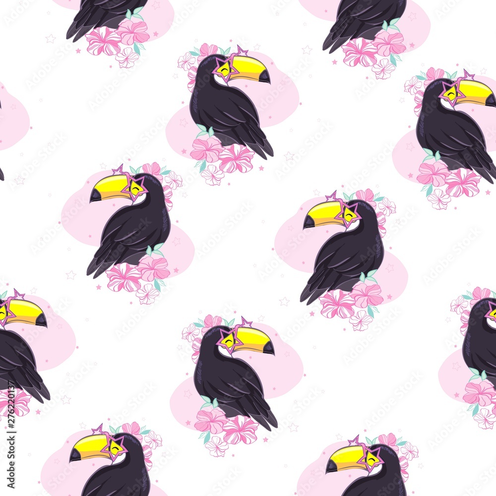 Tropical seamless pattern with toucans, exotic leaves and pineapples. Vector illustration Tropical seamless pattern with toucans, exotic leaves and pineapples. Vector illustration