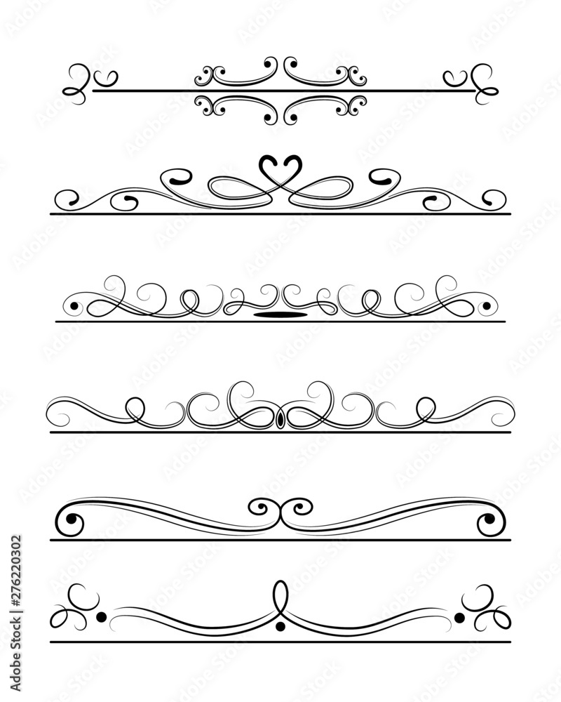 Vector set of calligraphic and  graphic design elements (text divider, pattern, monogram, curlicues, flower) for page decoration, Greeting Cards (wedding, Valentine's day, birthday, holidays).